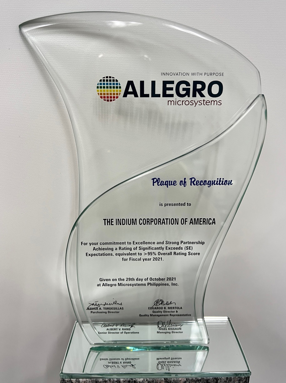 Indium Corporation Earns Allegro MicroSystems Excellence Award news photo