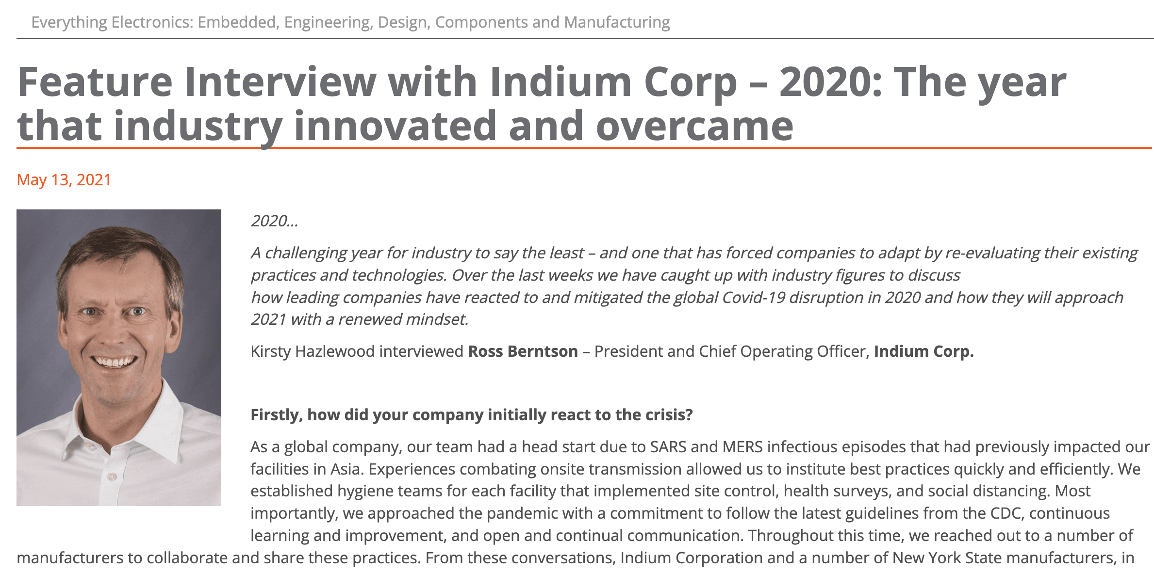 Feature Interview with Indium Corp – 2020: The year that industry innovated and overcame news photo