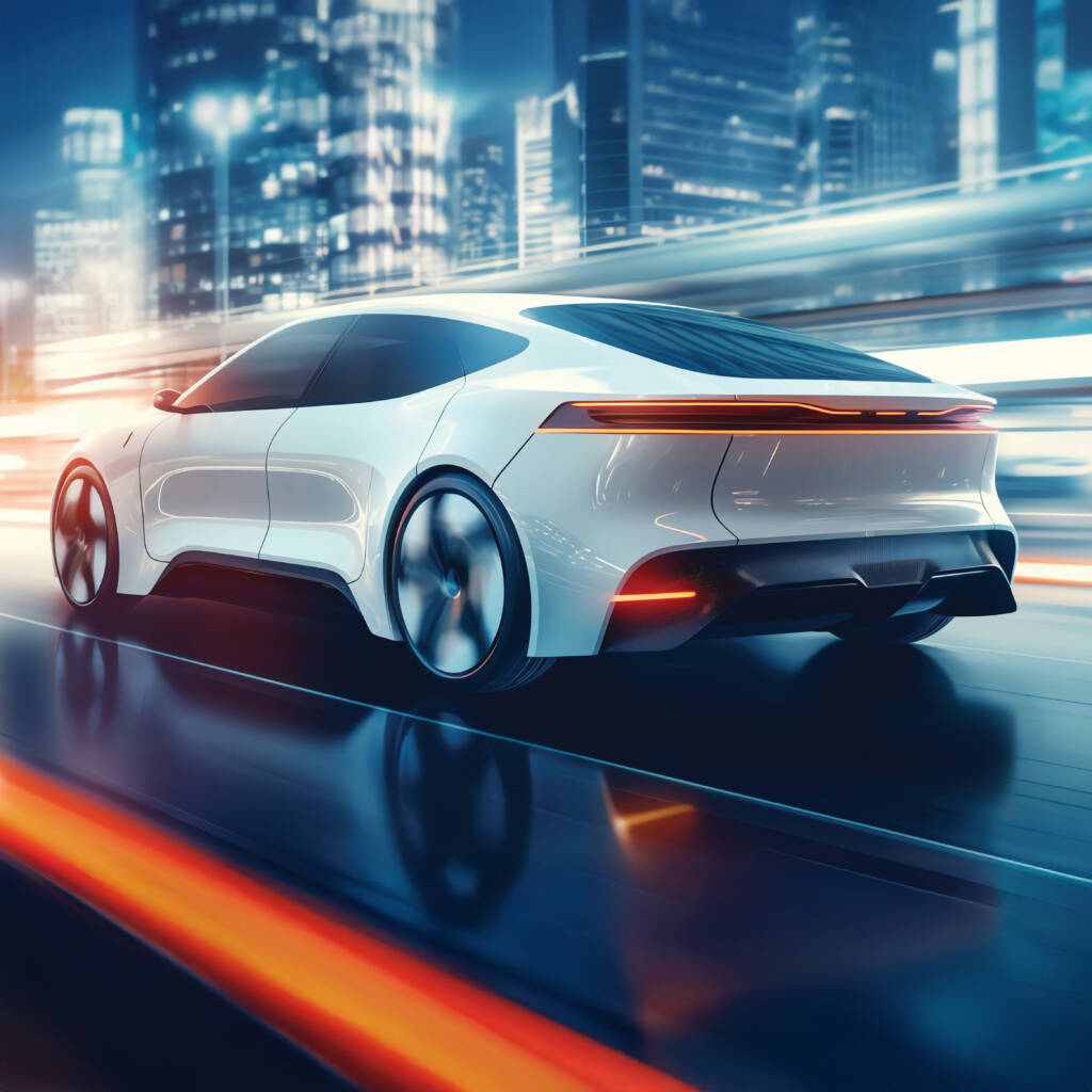 Futuristic white car with advanced power electronics zips through a neon-lit city at night, showcasing cutting-edge speed and technology.