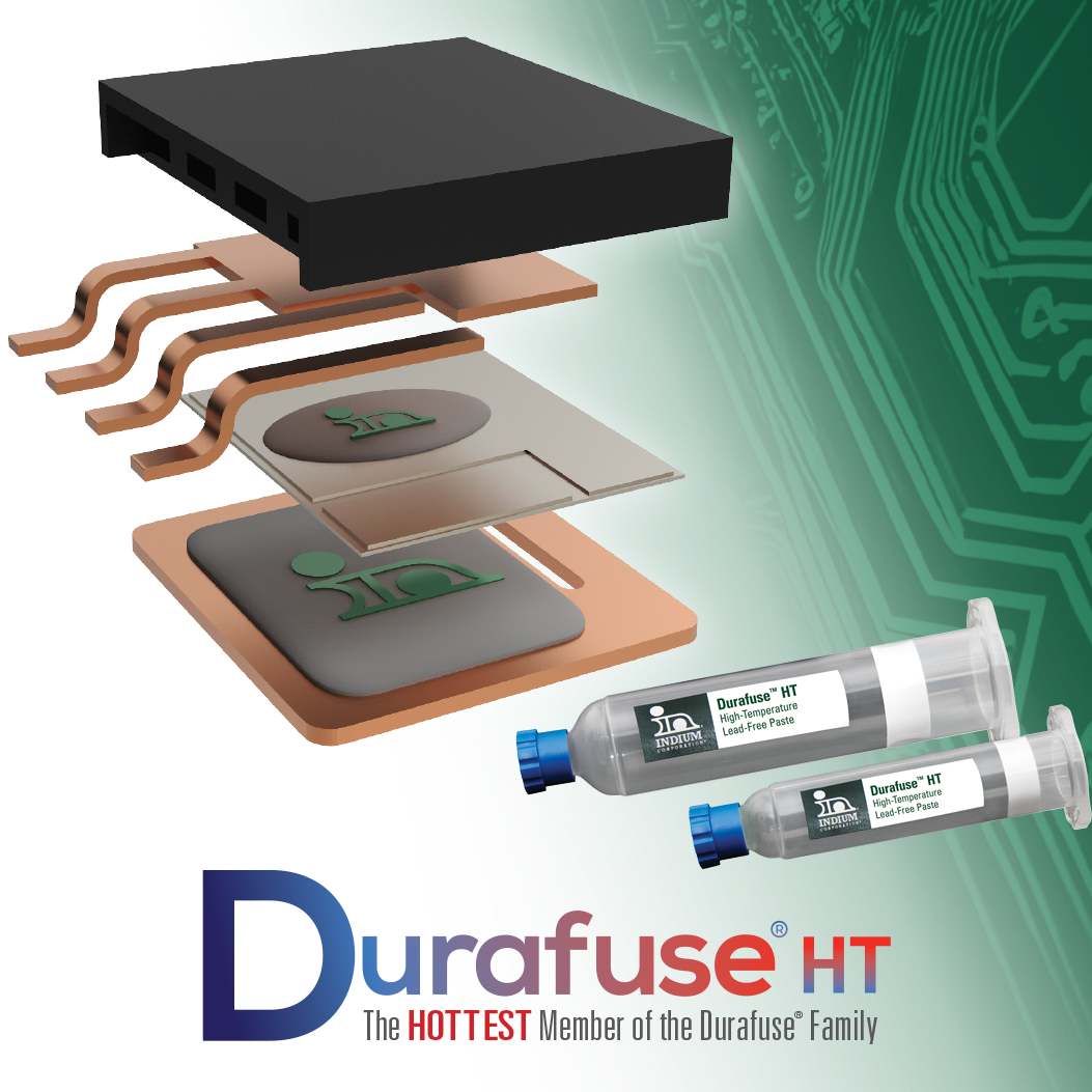 Exploded view of electronic components and Durafuse® HT paste tubes on a green circuit board background.