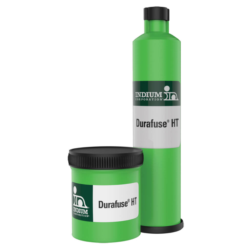 Green tubs labeled "Durafuse HT" from Indium Corporation, one tall with a nozzle, and one short with a screw cap—ideal for high temp solder paste applications.