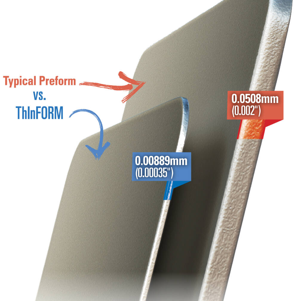 So sánh phôi thông thường và tùy chọn AuLTRA® ThInFORMS®, làm nổi bật sự khác biệt về độ dày với các phép đo tính bằng mm và inch.