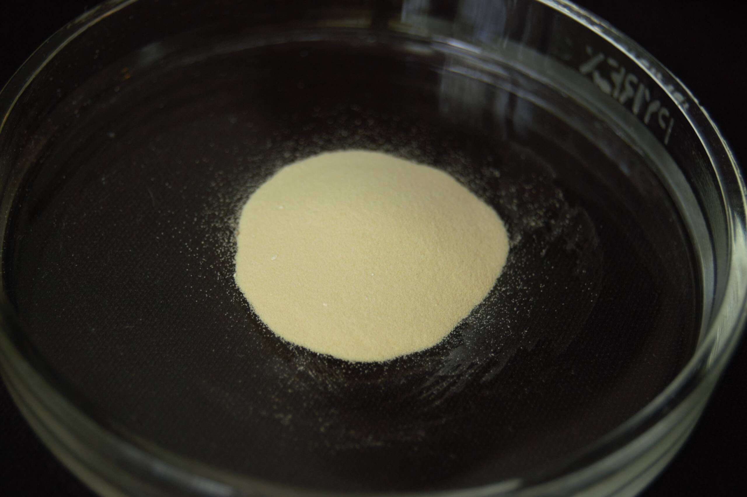 A mound of fine white powder, a precursor to indium tin oxide, rests in a transparent glass petri dish against a dark background.