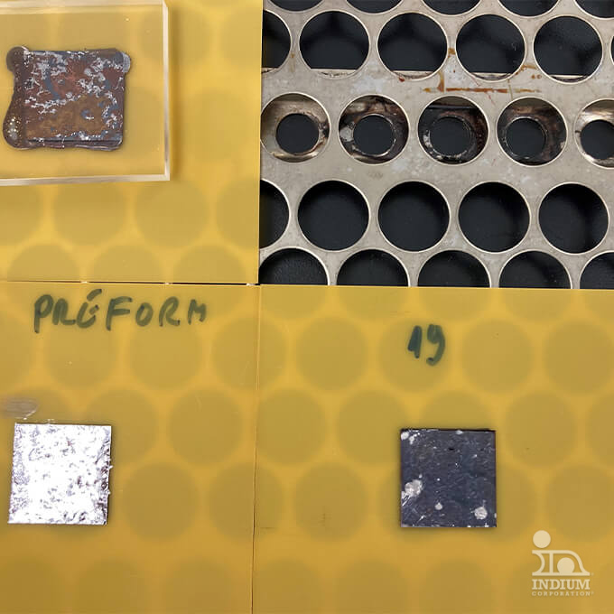 Metal pieces on a yellow grid surface, labeled "Preform" and "19," sit beside a metal grid with holes, showcasing an innovative phase change thermal compound 30.