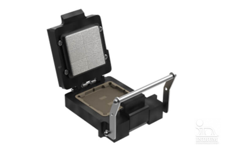 A black and silver integrated circuit socket with an open lid, designed for efficient burn-in testing.