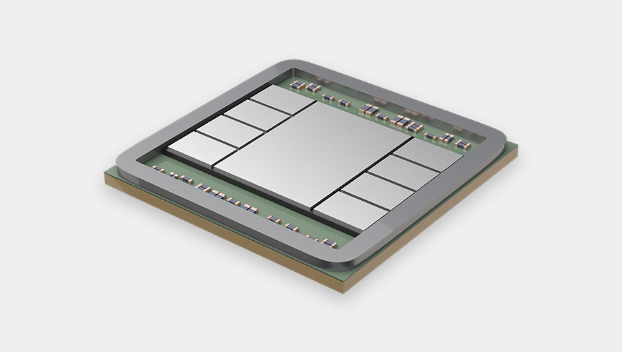 A close-up of a computer microchip with a metallic surface and visible internal components, showcasing advanced 2.5D packaging technology.