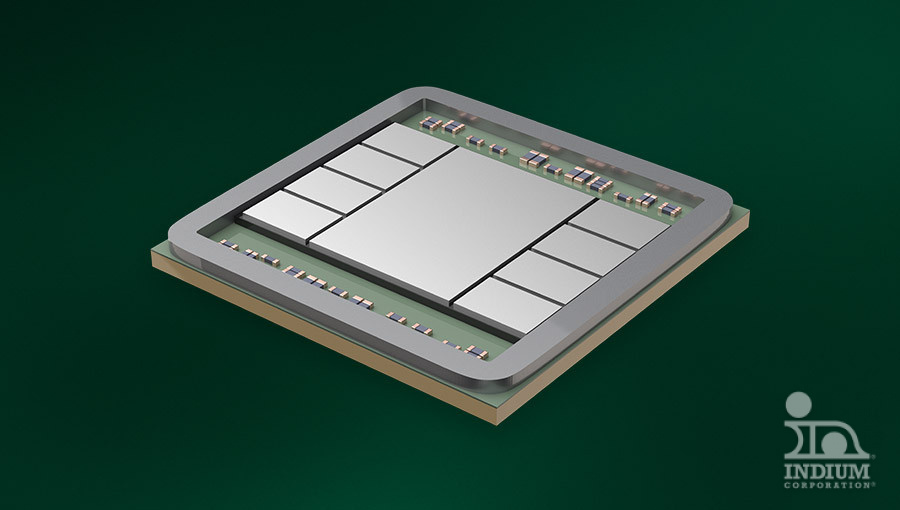 A 2.5D package computer chip rests on a green circuit board against a dark green background.