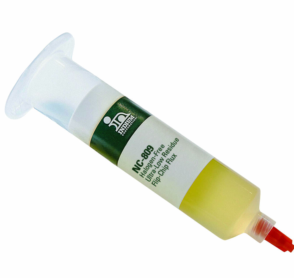NC-809 助焊膏針筒是半導體 0 應用的關鍵，具有綠色標籤和紅色尖端，是精確焊接任務的理想選擇。