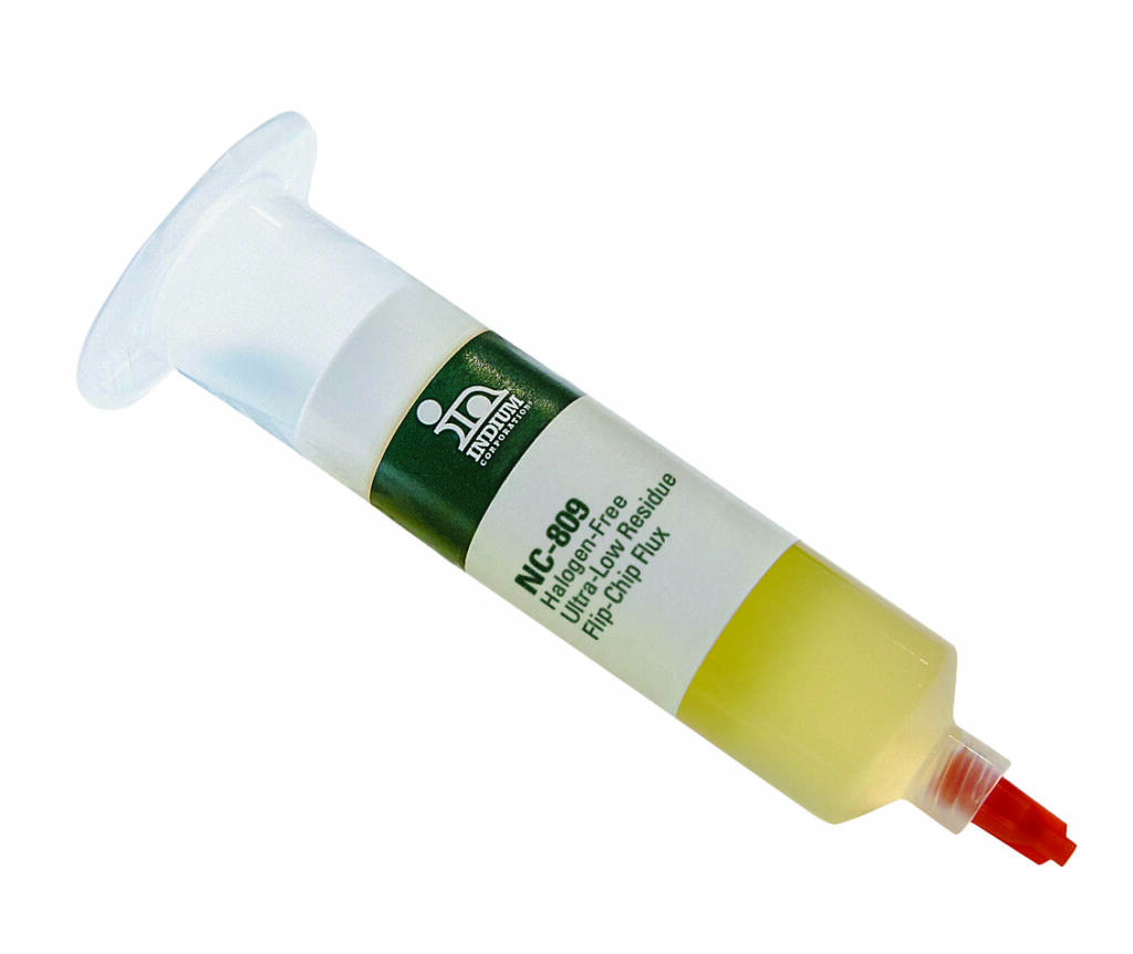 A syringe of NC-809 flux paste, crucial for semiconductor 0 applications, features a green label and red tip, ideal for precise soldering tasks.