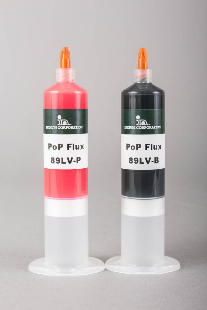 Two syringes labeled "PoP Flux 89LV-P" and "89LV-B," with pop flux's signature red and black caps, stand upright on a gray background.