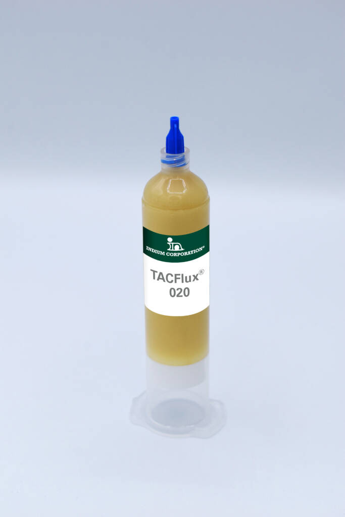 A syringe-like container filled with a yellowish substance labeled "TACFlux 020," ideal for PCB flux applications.