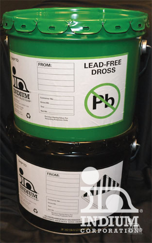 Two large containers from Indium Corporation—one labeled "Lead-Free Dross" with a Pb symbol crossed out—perfect for dross recycling.