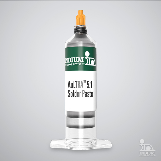 A syringe-shaped container labeled "AuLTRA™ 5.1 Solder Paste" with an Indium Corporation logo on a neutral background.