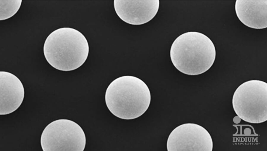 A grid of evenly spaced, smooth, spherical particles on a black background.