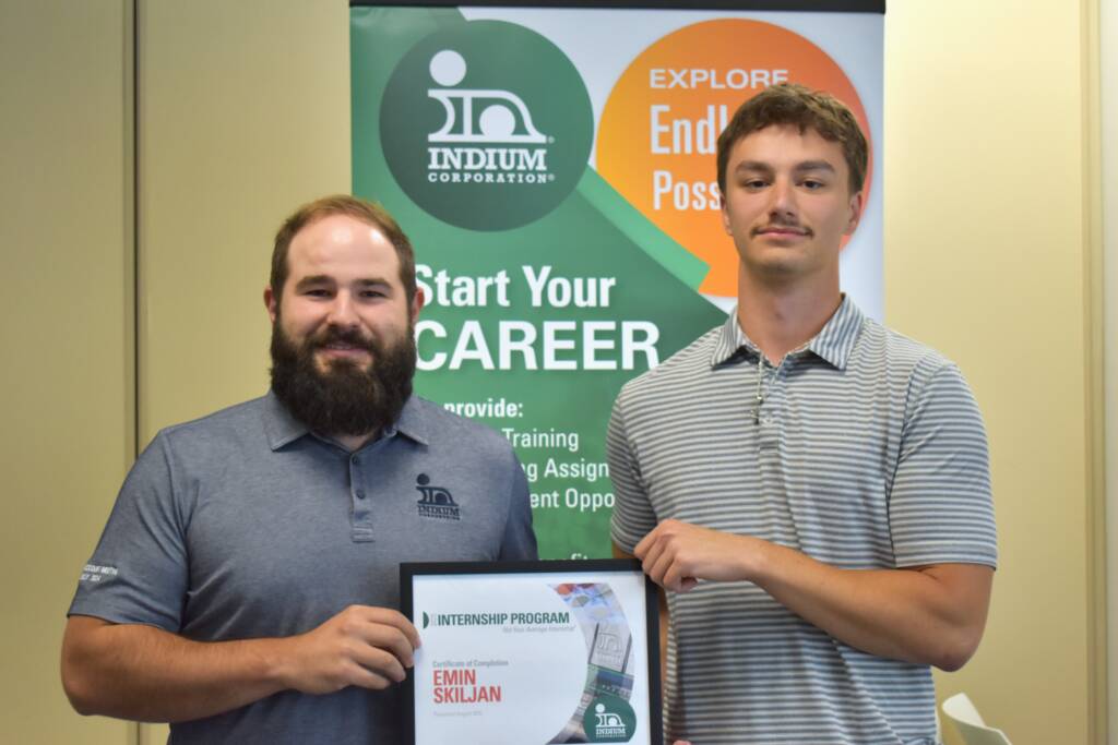 Indium Corporation summer 2025 applications engineering intern, Emin Skiljan, with his supervisor Ryan Mayberry